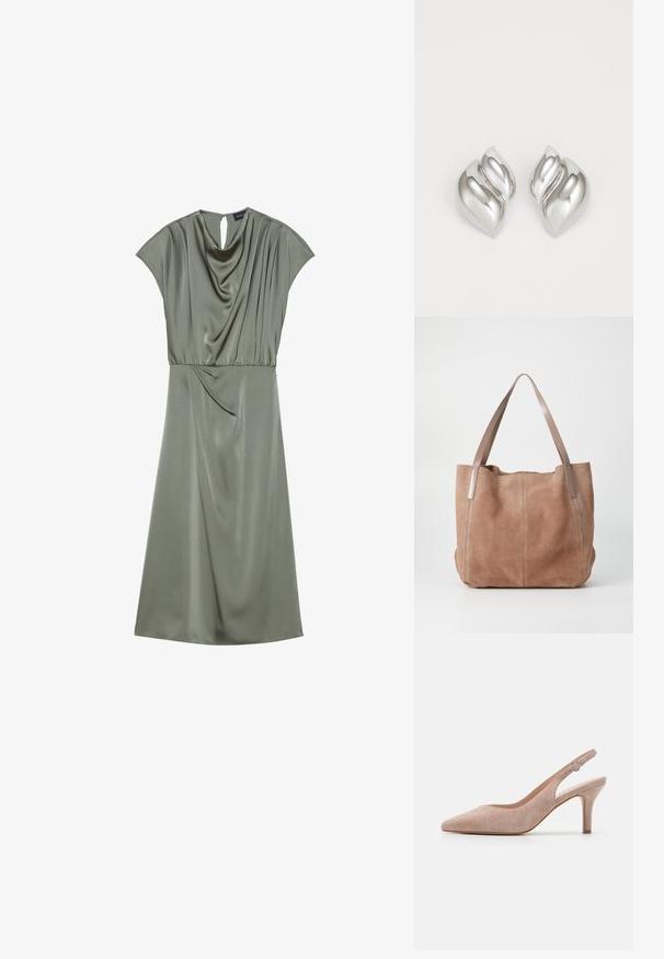 Satin grünes Kleid mit kurzen Ärmeln, drapiertem Ausschnitt und gerafftem Taillenbereich. Besitzt ein Schlüssel-Ausschnitt-Detail auf der Rückseite und fällt bis zur Mitte der Wade.; Slingback-Pumps aus weichem beigem Wildleder, mit spitzer Zehenform, schlankem Absatz und verstellbarem Knöchelriemen mit einer runden Schnalle.; Anna Field by Zalando LEATHER - Shopping Bag - taupe; Silberne Ohrringe mit einer organischen, abstrakten Form. Glatte, glänzende Oberfläche mit einem konischen Design. Mit dezenten Kurven und einem zentralen Linienelement.