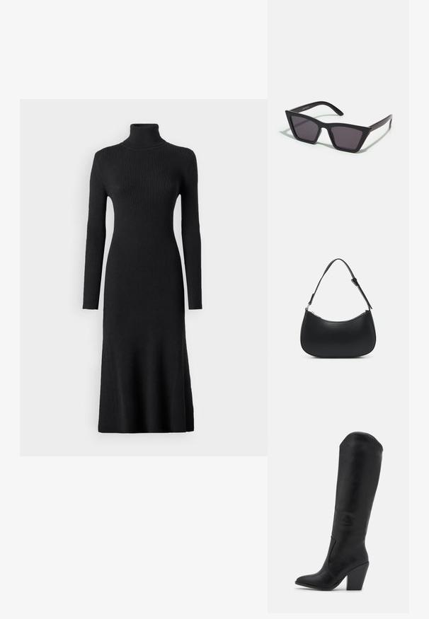 VILA Maxi Knitted - Strickkleid - black; RAID LAKELYN - High Heel Stiefel - black; Schwarze, eckige Sonnenbrille mit grauen Gläsern; aus Kunststoff gefertigt, mit dicken Bügeln, die eine glatte Oberfläche und keine sichtbaren Beschläge haben.; Pieces PCALUANA SHOULDER BAG - Handtasche - black