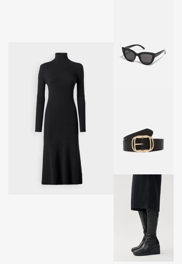 VILA Maxi Knitted - Strikkjoler - black; Sorte læder knæhøje støvler med kilehæle, der har en glat tekstur og en lynlås i siden. Designet med en strømlinet, tætsiddende silhuet.; Sorte cat-eye solbriller med mat finish, der har grå tonede linser, skarpe vinkler og slanke sidearme. Mærkenavnet er synligt på den indre arm.; Sort læderbælte med en rektangulær spænde i guldfarve med afrundede kanter, glat tekstur og et stilrent design.