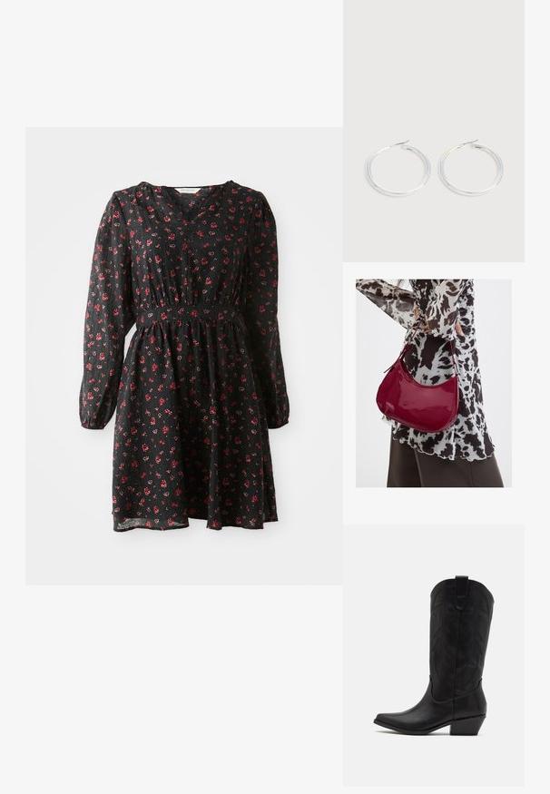 Robe noire à manches longues avec imprimé floral rouge, décolleté en V, taille froncée et jupe légèrement évasée présentée sur fond blanc.; Botte de cowboy en cuir noir avec un bout pointu, un talon bas empilé et un motif de feuilles embossé complexe sur la tige. Boucle en haut pour un enfilage facile.; Femme portant un chemisier à motif noir et blanc tenant un sac à main rouge brillant sur un fond uni.; Paire de boucles d'oreilles créoles argentées brillantes avec fermoirs en fil fin, présentée sur un fond gris clair.