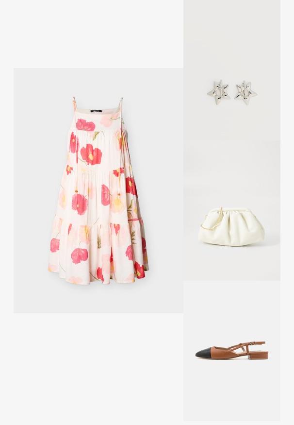 Hvid ærmeløs kjole med lyserøde og røde blomsterprint, tynde stropper, rynkede lag og dekorative snore med træperler.; Steve Madden BELINDA - Slingback-ballerinasko - brown/black; Hvid læderhåndtaske med en samlede design, forsynet med en guldkæde-strop og en rund form. Glat tekstur med bløde folder og ingen mønstre.; Sølv stjerneformede øreringe med en glat, poleret finish på en ensfarvet hvid baggrund.