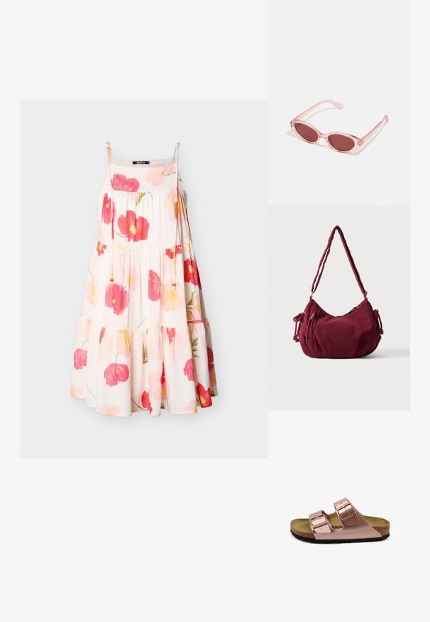 Vestido blanco sin mangas con estampados florales en tonos rosa y rojo, tirantes finos, volantes fruncidos y cordones decorativos con cuentas de madera.; Sándal de piel vegana rosa con dos correas ajustables con hebilla, plantilla de corcho y suela de goma negra. Diseño minimalista con un perfil plano.; Gafas de sol transparentes rosas con lentes ovalados, tinte rojo oscuro y varillas delgadas, con un acabado suave y detalles sutiles en la montura.; Bolso de hombro de pana en color granate suave con correa ajustable, cierre de cremallera, lazos laterales y un bolsillo delantero con cremallera.