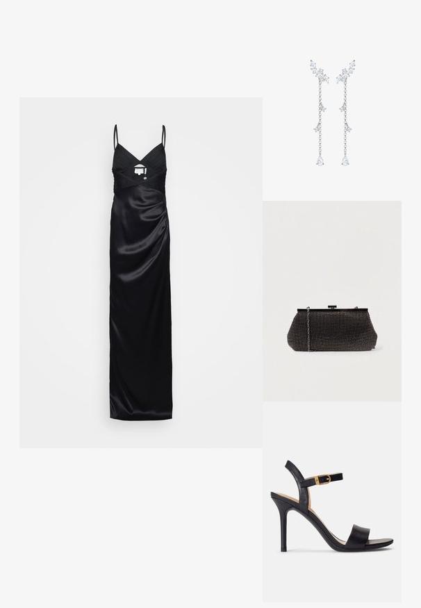 Schwarzes Satin-Abendkleid mit dünnen Trägern, V-Ausschnitt, gefälteltem Oberteil und taillierter Taille, auf einem schlichten, hellen Hintergrund präsentiert.; Schwarze Sandalen mit hohen Absätzen und glattem Leder-Obermaterial, offene Zehenpartie und einem Design mit einem einzigen Riemen, verziert mit einer goldenen Schnalle.; Schwarze Mesh-Clutch mit strukturierter Silhouette, verziert mit kleinen metallic-nieten, besitzt einen Verschluss mit Klappe und einen abnehmbaren Kettenriemen.; Elli Ohrringe - silberfarben