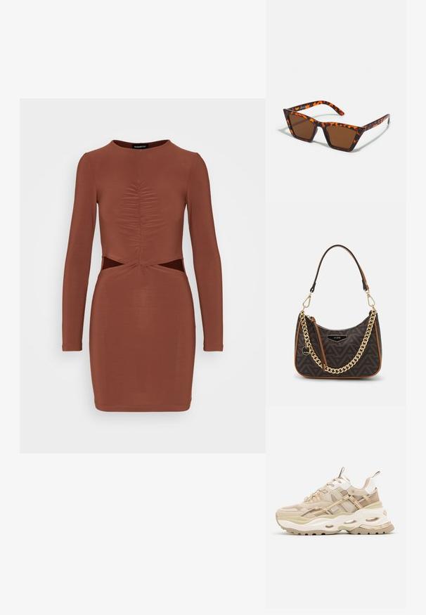 Even&Odd by Zalando Vestido ligero - brown; Zapatilla gruesa beige y blanca con suela gruesa, paneles de malla y cuero, recortes ovalados en la entresuela, lengüetas en la lengüeta y el talón.; Gafas de sol con tonalidades marrones y un patrón de carey, de montura angular y brazos delgados. Material plástico ligero.; Bolso marrón con estampado y detalles en cadena dorada, ribete de cuero y un cierre suave, con diseños geométricos en la tela principal.