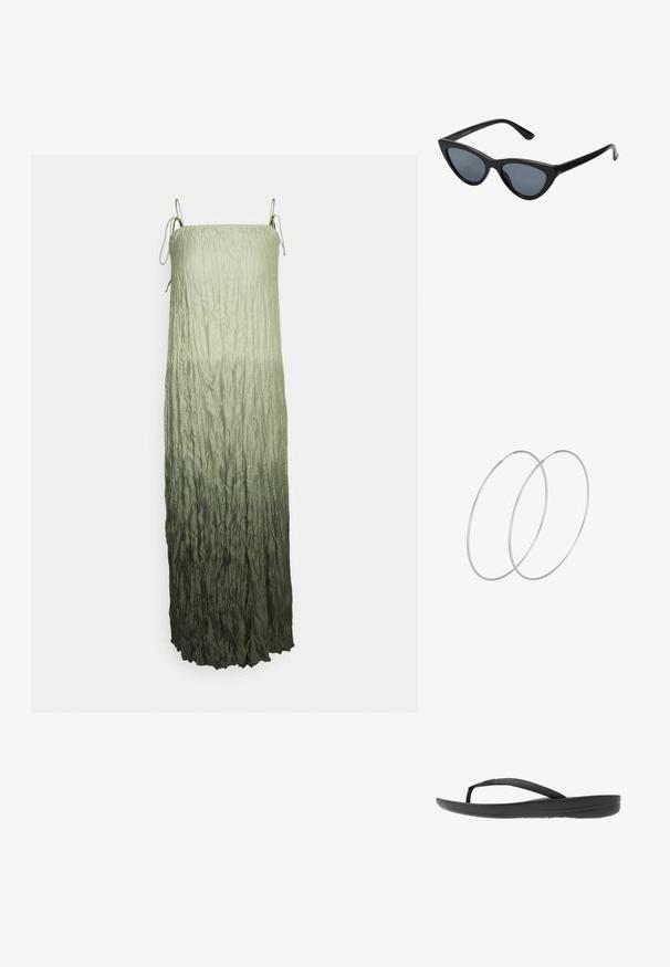Mouwloze groene jurk met een textuur van gekreukt materiaal en een verloop van licht naar donker groen. Verstelbare banden op de schouders.; Zwarte flip-flop met een gestructureerde band, een gevoerde zool en een strak, minimalistisch ontwerp. Geschikt voor casual gebruik.; Zwarte cat-eye zonnebril met donkergrijze lenzen, slank plastic frame, puntige hoeken en rechte pootjes. Geen zichtbare hardware of accenten.; Zilveren hoepel oorbellen met een minimalistisch ontwerp. Cirkelvormig, gladde textuur en dun profiel. Lichtgewicht met een gepolijste afwerking.