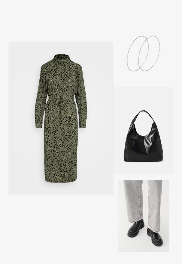 JDY JDYSORO MIDI SHIRT DRESS - Blousejurk - mulled basil; Vagabond COSMO - Enkellaarsjes met plateauzool - black; Zwarte leren hobo tas met een zachte, glanzende textuur en een ronde, open bovenkant. Voorzien van een brede, gebogen schouderband om te dragen. Geen zichtbare hardware.; Zilveren hoepel oorbellen met een minimalistisch ontwerp. Cirkelvormig, gladde textuur en dun profiel. Lichtgewicht met een gepolijste afwerking.