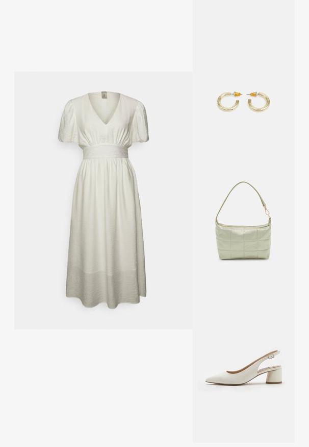 YAS YASCLEMA MIDI DRESS - Cocktailjurk - star white; Witte leren slingback pump met een spitse neus, middelhoge blokhak en verstelbare strap. Gladde textuur; minimalistisch ontwerp.; Gewatteerde groene schoudertas met een zachte textuur, rechthoekige vorm, enkele schouderriem en een ritsluiting in goudkleur. Voorzien van een gewatteerd patroon.; Gouden hoepel oorbellen met een zachte, ronde vorm en een gepolijste afwerking. Kenmerkt oranje accenten aan de achterkant voor een veilige bevestiging.