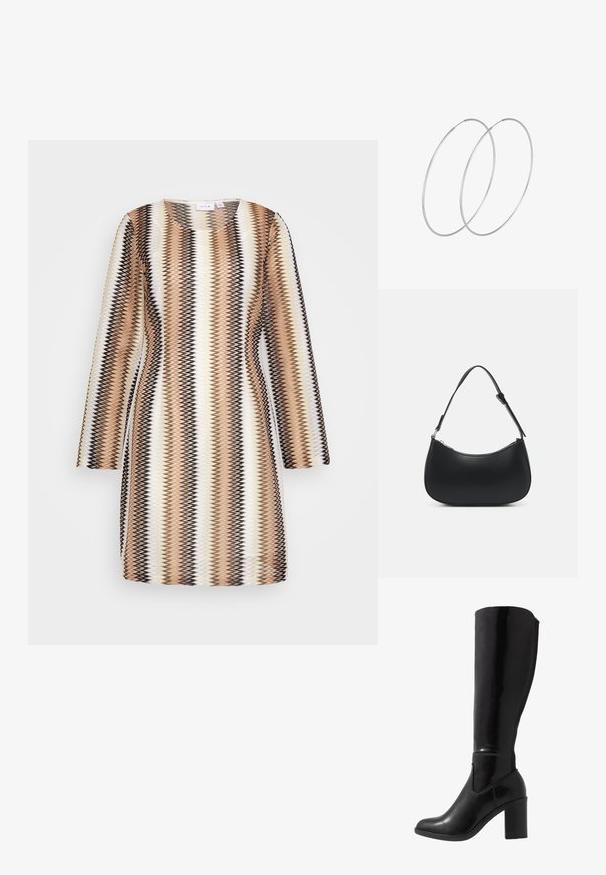 Mønstret langærmet kjole med zigzag-mønster i nuancer af brun, beige og sort, med en rund halsudskæring og en afslappet pasform.; Knæhøje sorte glansede støvler med hæl, rund tå, glat overflade, detalje med udskæring på siden og en chunky stablet hæl.; Pieces PCALUANA SHOULDER BAG - Håndtasker - black; Sølvøreringe med et minimalistisk design. Cirkulær form, glat tekstur og tynd profil. Letvægtige med en poleret overflade.