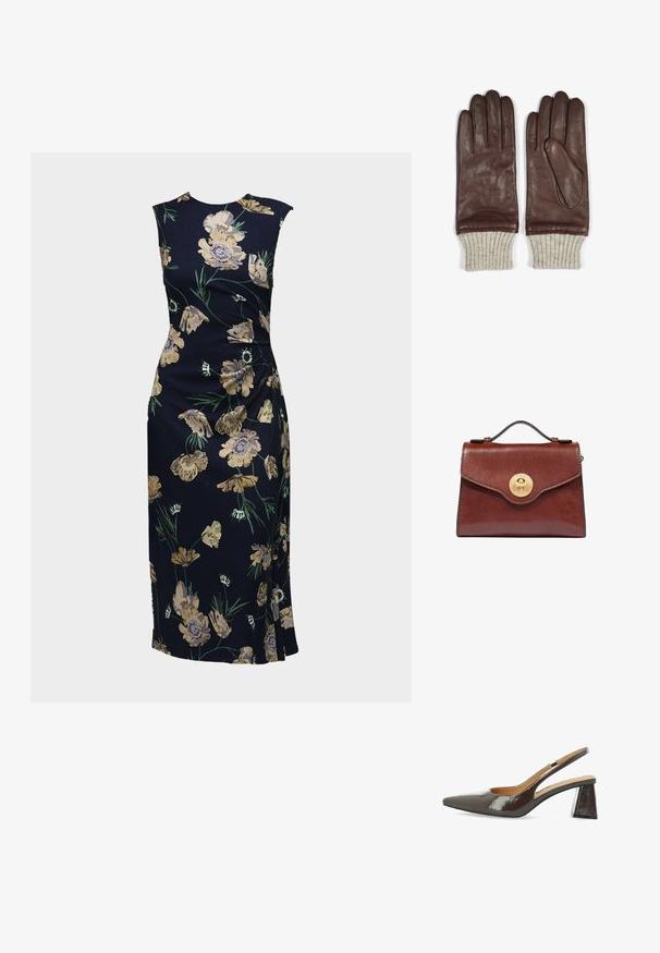 Ærmeløs, figursyet midikjole i mørkeblå med gult og grønt blomsterprint, sideslids detalje og rund halsudskæring.; Slingback højhælede sko i blank, mørkebrun patentlæder, spids tå, udskårne sider og en firkantet blokhæl.; Brun læderhåndtaske med top håndtag og rundt guldlås med drejelås på frontklappen, sat mod en hvid baggrund.; Brune læderhandsker med en glat tekstur, prydet med ribbede beige strikkede manchetter. Stilfuld syning og en spids fingerdesign.
