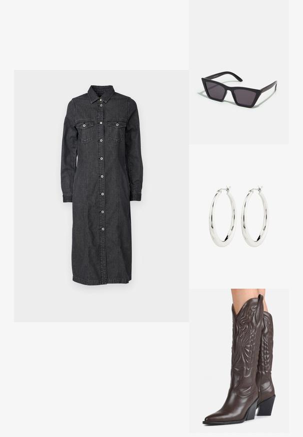Robe chemise en denim foncé avec manches longues, fermeture à boutons sur le devant, deux poches poitrine et une coupe mi-longue. La texture est douce avec une coupe classique.; Bottes de cowboy en cuir brun foncé montant jusqu'aux genoux, avec bouts pointus, coutures décoratives et talons blocs inclinés portées par une personne.; Lunettes noires angulaires avec des verres gris ; fabriquées en plastique, avec des branches épaisses à la surface lisse et sans matériel visible.; Boucles d'oreilles créoles en argent avec une finition lisse et brillante. Forme circulaire, dotée d'un fermoir sécurisé. Design simple et élégant.