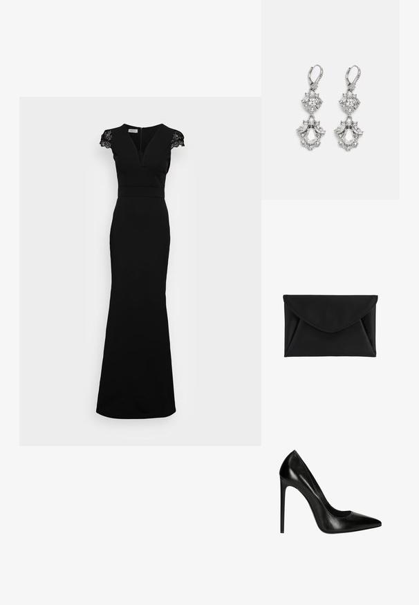 Schwarzes bodenlanges Kleid mit figurbetonter Silhouette, Spitzenkap ärmeln und tiefem V-Ausschnitt. Hergestellt aus einem glatten, dehnbaren Stoff.; Schwarze Leder-Pumps mit hohen Absätzen, spitzer Zehenform und glatter Oberfläche. Verfügt über eine elegante Silhouette und einen Stiletto-Absatz.; Schwarze Clutch im Umschlagstil mit spitz zulaufender Klappe und sichtbarer Naht auf weißem Hintergrund.; Silberfarbene Ohrringe mit mehreren klaren Kristallgemmen in Tropfen- und Marquiseformen, mit Klappverschluss und kunstvollen Details.