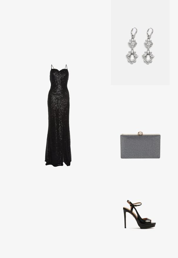 True Decadence Vestido de fiesta - black sequin; Sandalia negra de tacón alto con punta abierta, tira en el tobillo, material de cuero brillante, base de plataforma y tacón stilettos. Detalle de hardware dorado.; Bolso de mano rectangular negro cubierto de pequeños cristales, con un cierre dorado con detalles decorativos en la parte superior.; Pendientes de tono plateado que presentan múltiples piedras de cristal transparente en formas de lágrima y marquesa, con cierres de palanca y un detallado intrincado.