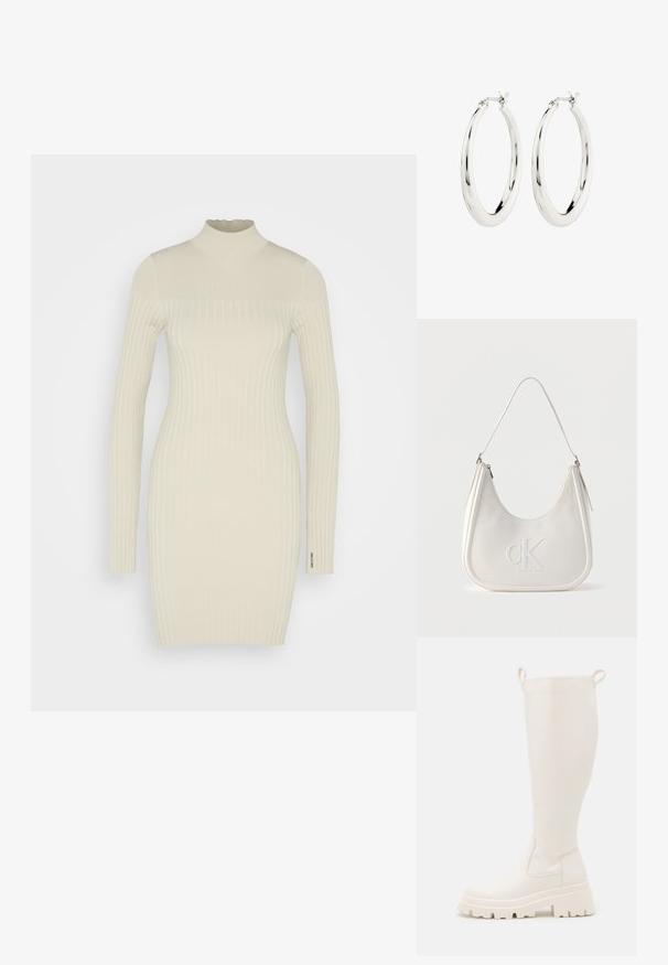 Calvin Klein ICONIC MINI DRESS - Etuikleid - oxford tan; Knöchelhohe weiße Gummistiefel mit einer robusten Sohle und elastischen seitlichen Einsätzen. Verfügt über Zuglaschen an der Oberseite für leichteres Anziehen. Glatte Textur.; Weiße Leder-Umhängetasche mit Reißverschluss, geschwungener Form und erhabenem, auf der Vorderseite geprägtem CK-Logo.; Silberne Creolen mit einer glatten, glänzenden Oberfläche. Kreisform, ausgestattet mit einem sicheren Verschluss. Einfaches und elegantes Design.