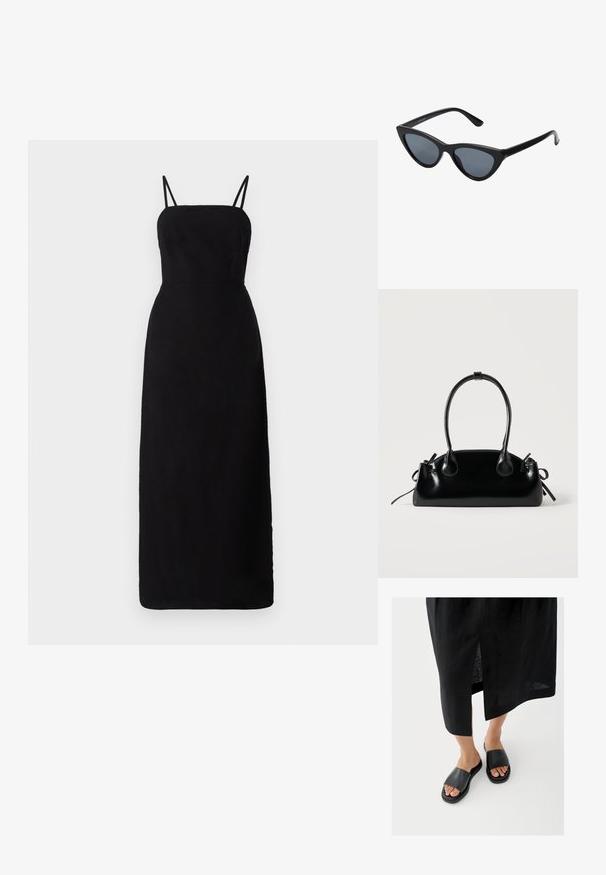 Robe noire, longue jusqu'au sol, avec des bretelles fines, un corsage ajusté et une texture lisse. Design minimaliste sans motifs ni accents.; Sandales à enfiler noires avec une large bride, une semelle plate et un design minimaliste. Le matériau semble lisse avec une finition mate.; Lunettes de soleil noires en forme d'œil de chat avec des verres gris foncé, monture en plastique élégante, coins pointus et branches droites. Pas de métal visible ni d'accents.; Petit sac à main noir brillant avec deux longues anses et des détails à cordon sur les côtés sur un fond clair uni.