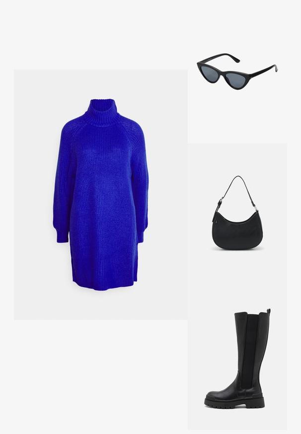 Gestrickter Rollkragenpullover in lebhaftem Blau, mit lockerer Passform, gerippter Struktur und seitlichen Schlitzen für zusätzlichen Komfort.; Even&Odd by Zalando Plateaustiefel - black; Schwarze Cat-Eye-Sonnenbrille mit dunkelgrauen Gläsern, schlankem Kunststoffrahmen, spitzen Ecken und geraden Bügeln. Keine sichtbaren Befestigungen oder Akzente.; Schwarze Hobo-Tasche aus glattem Leder mit einer geschwungenen Silhouette, ausgestattet mit einem einzelnen verstellbaren Trageriemen und minimalistischem Design.
