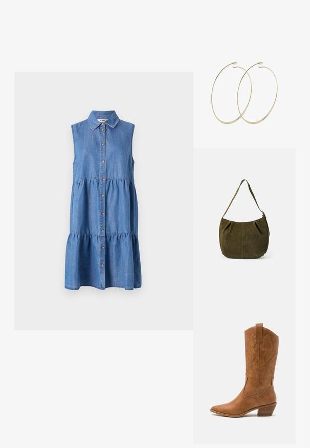 Denim mouwloze jurk met een knoopsluiting aan de voorkant, een gelaagde ruchesrok, een puntkraag en een lichtblauwe kleur.; Tan leren cowboylaars met puntige neus, geborduurde spiraalpatronen op de schacht en een gestapelde blokhak. Voorzien van een trekband voor gemakkelijke aan- en uittrekken.; Schoudertas van olijfgroen suède met één riem, centrale naadvormgeving en een ritssluiting aan de zijkant, tegen een effen lichte achtergrond.; Pilgrim Oorbellen - gold-coloured