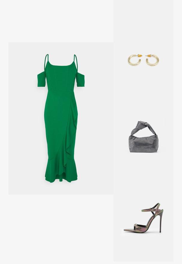 WAL G. SASKIA STRAPPY MIDI - Koktailové šaty/večierkové šaty - leaf green; Sandal s vysokým podpätkom s viacfarebným, textúrovaným hadím vzorom. Obsahuje nastaviteľné členkové remienky a špicatý dizajn špičky.; Čierna a strieborná kabelka s textúrovaným povrchom so vzorom diamantov, s uzlovou rukoväťou a štruktúrovaným tvarom.; Zlaté kruhové náušnice s hladkým, zaobleným tvarom a lesklým povrchom. Majú oranžové akcenty na zadnej strane pre bezpečné zapínanie.