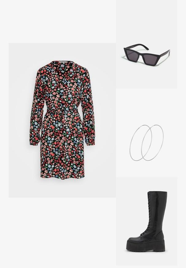 ONLY ONLEMMA BELT DRESS - Hverdagskjole - true red clem; Zign by Zalando LEATHER - Snørestøvler - black; Sorte, kantede solbriller med grå linser; lavet af plast, med tykke stænger med en glat overflade og ingen synlig hardware.; Sølvøreringe med et minimalistisk design. Cirkulær form, glat tekstur og tynd profil. Letvægtige med en poleret overflade.
