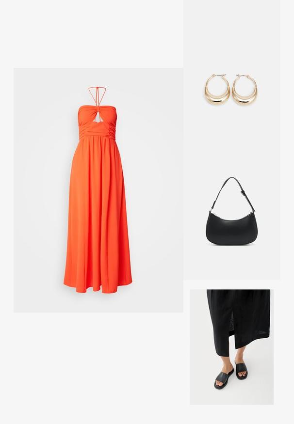 Maxi kjole i lys orange stof med et stropløst design, der har en nøglehuludskæring og sammensyning ved bodicen.; Sorte slidssandaler med bred rem, flad sål og minimalistisk design. Materialet virker glat med en mat finish.; Pieces PCALUANA SHOULDER BAG - Håndtasker - black; Guldtonede hoops øreringe med en halvmåneform, poleret overflade og hængsel-lukning. Den glatte tekstur og den reflekterende finish forbedrer synligheden.