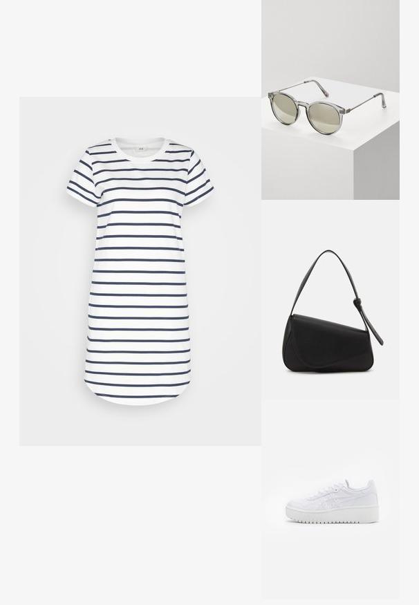 Gestreepte t-shirt jurk met korte mouwen, gemaakt van lichte stof. Heeft horizontale marineblauwe strepen op een witte achtergrond en een afgeronde zoom.; Witte platform sneakers met een gladde leertextuur, geperforeerde details en platte veters; voorzien van een dikke witte rubberen zool.; Ronde zonnebrillen met transparante grijze monturen en grijs-getinte lenzen. Metalen accenten op de veren en gebogen armen voor stabiliteit.; Zwart leren handtas met een driehoekige vorm, schuine klep en een ronde handgreep. Heeft een gladde textuur en minimalistische ontwerpelementen.
