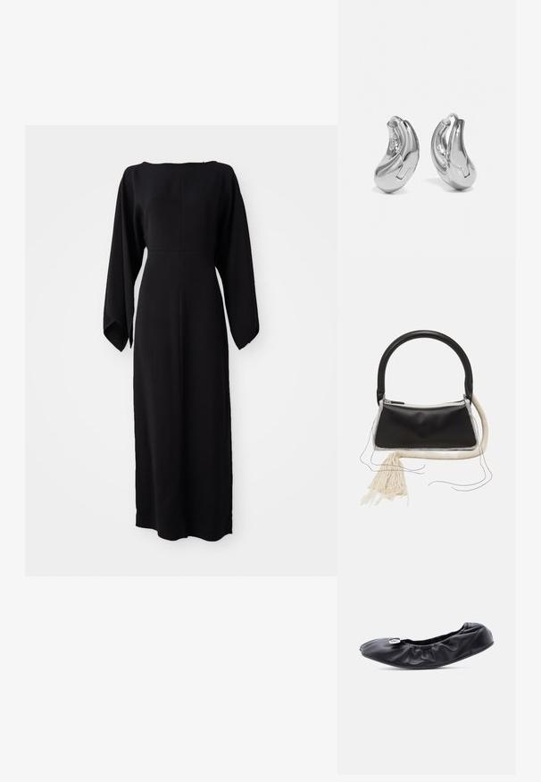 Robe noire à manches longues avec une coupe droite, dotée d'un décolleté bateau et d'une texture douce et lisse. Pas de motifs visibles ni de détails en métal.; Chaussure plate en cuir noir avec un bout arrondi et un design froncé le long de l'ouverture. Présente un détail discret en métal argenté sur le devant.; Sac en cuir noir avec une poignée arrondie, fermeture éclair en argent, bordure en fourrure blanche et un long gland crème attaché à l'avant.; Boucles d'oreilles en argent en forme de créoles avec une finition incurvée et brillante, et un design sans couture. Équipées d'une fermeture à charnière pour un port sécurisé.