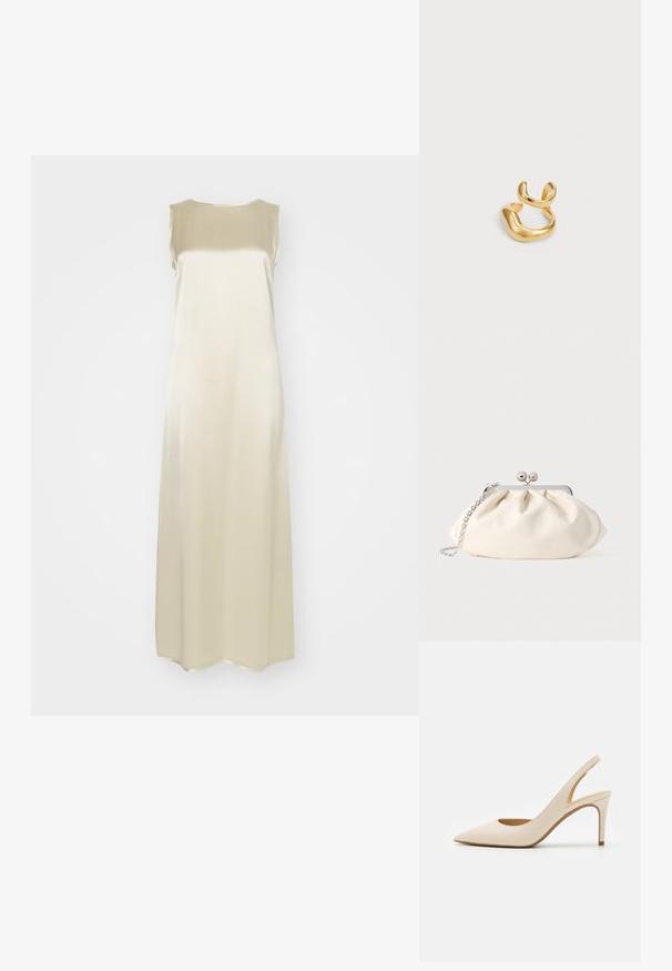 By Malene Birger AUDETTE - Robe de cocktail - oyster gray; Escarpin slingback en cuir beige avec un bout pointu et un talon haut fin. Présente une découpe au talon et une finition lisse.; Pochette en tissu crème avec un design froncé, cadre en métal argenté, deux boules décoratives, et une bandoulière chaîne argentée.; Bague en or arborant un design fluide et organique avec deux bandes incurvées se chevauchant. Texture lisse et brillante avec une finition polie.