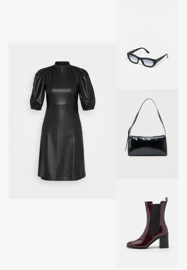 ONLY ONLJOSEPHINE DRESS - Robe de jour - black; RAID ILLEANA - Bottines - burgundy; Lunettes de soleil noires avec une monture épaisse, de forme rectangulaire et des verres dégradés. Porte le nom de la marque "vogue" sur la branche.; Sac d'épaule rectangulaire noir avec une sangle réglable unique et une fermeture éclair supérieure sur un fond uni.