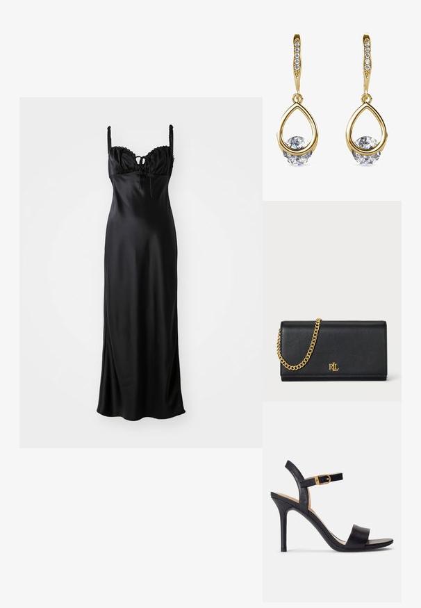 Schwarzes Satin-Maxikleid mit einem taillierten Oberteil, gewelltem Spitzenbesatz, verstellbaren Spaghetti-Trägern und einer Frontbindedetail.; Schwarze Sandalen mit hohen Absätzen und glattem Leder-Obermaterial, offene Zehenpartie und einem Design mit einem einzigen Riemen, verziert mit einer goldenen Schnalle.; Schwarze Lederbörse mit einer goldenen Kettenriemen, ausgestattet mit einem goldenen Logo auf der Vorderseite. Minimalistisches Design mit einer glatten Textur und schlanker Form.; Goldene Tropfenohrringe mit runden, klaren Edelsteinen an der Basis. Texturierter Oberbereich mit kleinen, runden Akzenten entlang des Creolen.