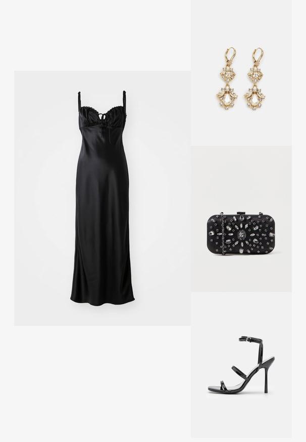 Robe maxi en satin noir avec un corsage ajusté, bordure en dentelle festonnée, bretelles spaghetti ajustables et un détail de lien à l'avant.; Sandales à talons hauts en cuir verni noir avec trois sangles horizontales et une sangle de cheville ajustable. Silhouette élégante et finition brillante.; Pochette noire de forme rectangulaire, ornée de divers strass disposés en motifs floraux, dotée d'une chaîne en argent pour le transport.; Boucles d'oreilles pendantes dorées présentant un design en grappe avec des cristaux clairs ronds et en forme de goutte, mettant en valeur des détails élaborés.