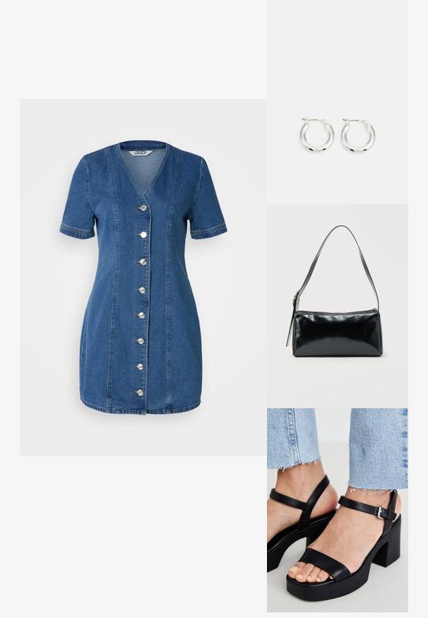 Denim jurk in blauw met een V-hals, korte mouwen en een knoopsluiting aan de voorkant met metalen knopen, die een getailleerde silhoutte benadrukt.; ALDO CELIE - Sandalen met hoge hak - black; Zwarte rechthoekige schoudertas met een enkele verstelbare band en een bovenste ritssluiting op een effen achtergrond.; Zilveren oorbellen in de vorm van een ring met een gepolijste afwerking, met een cirkelvorm en een scharnierende postsluiting. Glad oppervlak met minimale details.