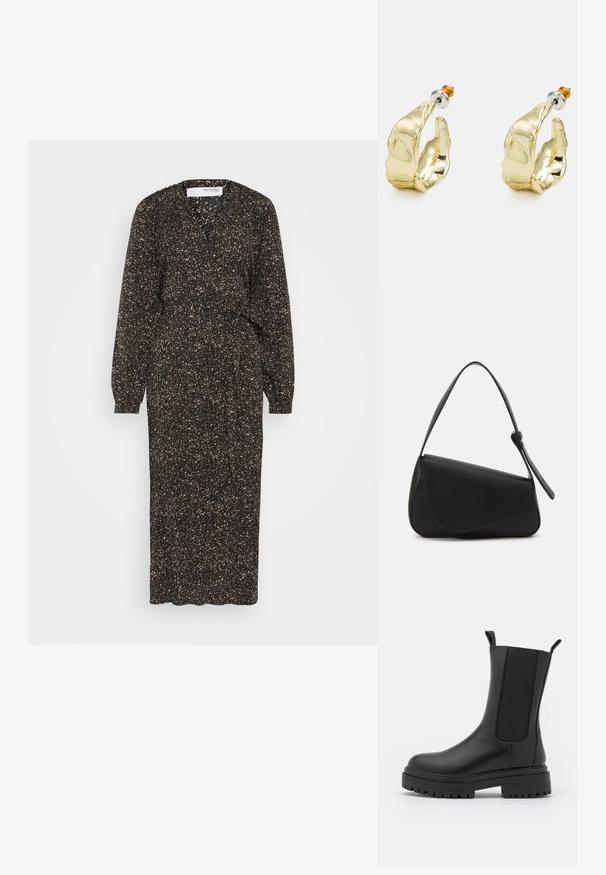 Selected SLFPARKER MIDI DRESS - Hverdagskjole - black/greige; RAID CHERISH - Plateaustøvler - black; Sort læderhåndtaske med en triangular form, skrå klap og et rundt håndtag. Har en glat overflade og minimalistiske design detaljer.; Guldtonede øreringe formet som abstrakte hænder, med en skinnende overflade, intrikate detaljer og en sølv- og guldfarvet post til sikker fastgørelse.