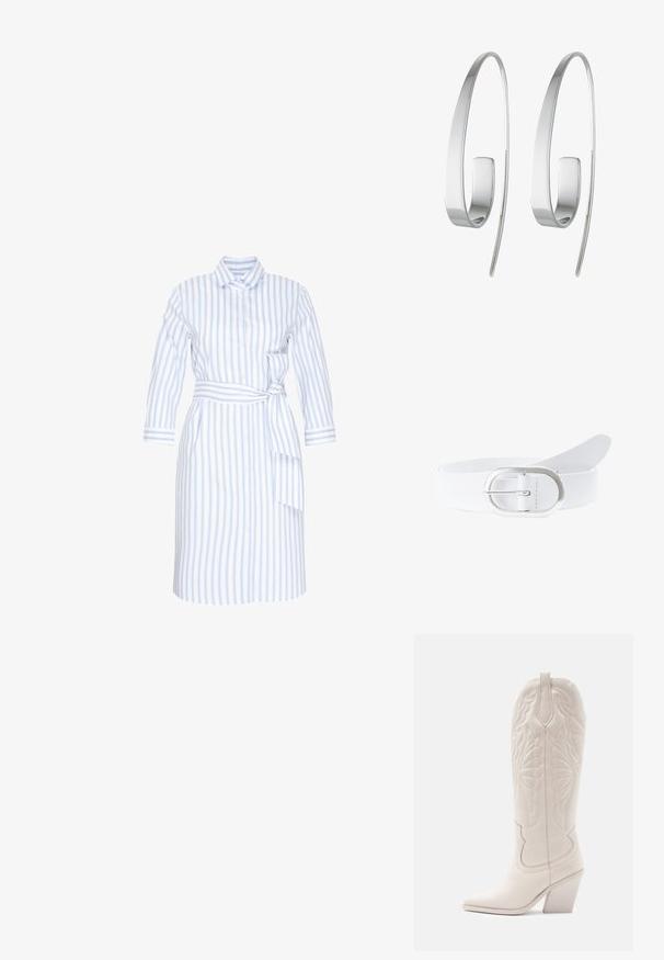 Robe-chemise à manches longues avec rayures verticales bleu clair et blanches, boutonnage sur le devant, col et ceinture nouée à la taille sur le côté droit.; Bottine de cowboy en cuir blanc avec un bout pointu et un talon bloc. Présente des motifs de broderie complexes sur la tige et une texture lisse.; Boucles d'oreilles en argent avec un design allongé et épuré. Fabriquées en métal poli, présentant une texture lisse et un style minimaliste.; Ceinture en cuir blanc avec une boucle ovale en argent. La sangle est lisse et plate, avec un design simple sans motifs ni embellissements.