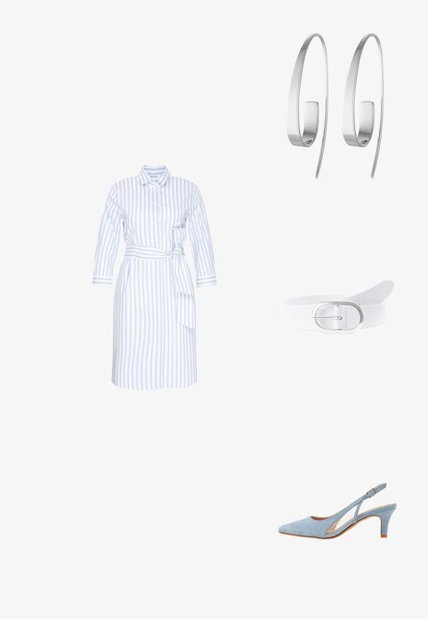 Langarmblousejurk met lichtblauwe en witte verticale strepen, knoopsluiting aan de voorkant, kraag en een tailleband die aan de rechterkant is gestrikt.; Lichtblauwe nubuck slingback hak, puntige neus, verstelbaar enkelbandje met metalen gesp, natuurlijke beige binnenzool en lage hak.; Zilveren creolen met een slank, langwerpig ontwerp. Gemaakt van gepolijst metaal, met een gladde textuur en minimalistische stijl.; Witte leren riem met een zilveren ovale gesp. De band is glad en plat en heeft een eenvoudig ontwerp zonder patronen of versieringen.