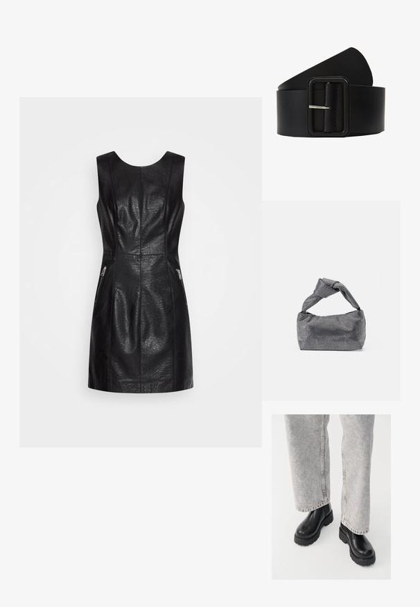 ONLY ONLMIA BIKER DRESS - Denné šaty - black; Vagabond COSMO - Členkové čižmy na platforme - black; Čierna a strieborná kabelka s textúrovaným povrchom so vzorom diamantov, s uzlovou rukoväťou a štruktúrovaným tvarom.; Čierny kožený opasok s obdĺžnikovou striebornou sponou, hladkou textúrou a zužujúcim sa koncom. Dizajn je jednoduchý a funkčný.