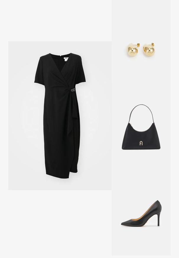 Robe noire à manches courtes, au design enroulé et devant drapé. Présente un accent métallique décoratif à la taille. Texture de tissu lisse.; Escarpins noirs en cuir à bout pointu avec un talon aiguille, présentant une texture lisse et un design minimaliste. Intérieur doublé de couleur beige.; Sac à main en cuir noir avec une forme arrondie, une courte poignée, des accessoires en or et une fermeture éclair en haut. Présente un accent de logo à l'avant.; Boucles d'oreilles en or avec une forme lisse et arrondie et une surface brillante ; elles comportent une petite tige pour une fixation sécurisée.