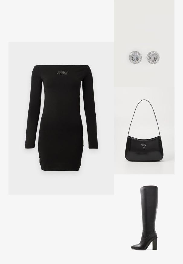 Sort off-shoulder langærmet kjole, tætsiddende design, lavet af glat stof, med udsmykket tekst på brystet.; ALDO PILLOW WALK PULL ON GLAJAR - Højhælede støvler - black; Sort patenteret læder skuldertaske med en buet form, prydet med et sølvfarvet trekantet logo og en lynlås-lukning. Glat tekstur og slank rem.; Runde sølv ørestikker med bogstavet G i midten, omgivet af to rækker små klare krystaller.