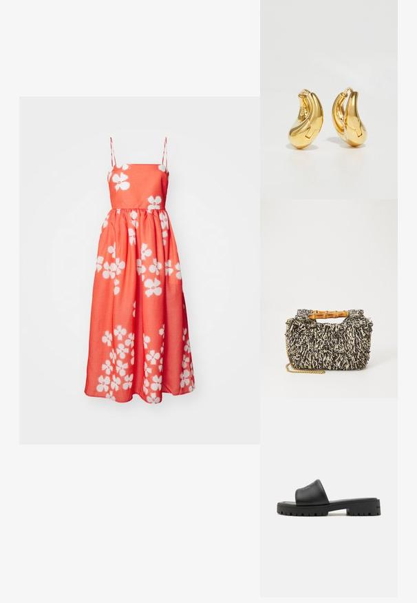 Robe maxi en corail avec un motif floral blanc, présentant des bretelles fines, une taille froncée et un tissu lisse et léger.; MARC JACOBS Mules - black; Sac tissé avec un motif texturé noir et crème, une poignée en bambou et une bandoulière en chaîne dorée amovible. Forme rectangulaire compacte.; Boucles d'oreilles en or en forme de d'anneaux lisses et courbés avec une finition polie. Équipées d'un mécanisme de fermeture et de légères indentations pour le détail.