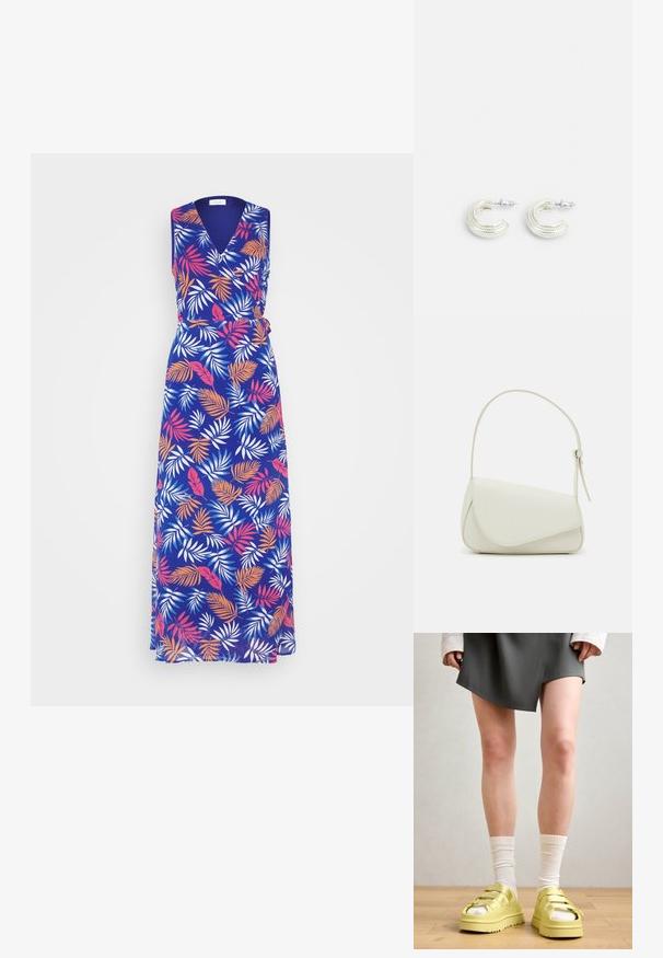 VILA VIURA WRAP DRESS - Μάξι φόρεμα - mazarine blue/multi; Κίτρινες πλατφόρμες σανδαλιών με πολλαπλές λωρίδες, φορεμένες με λευκές ριγέ κάλτσες, συνδυασμένες με γκρι φούστα τύπου περιτύλιξης σε ξύλινη επιφάνεια.; Λευκή τσάντα από συνθετικό δέρμα με δομημένο τριγωνικό σχήμα, μονή ρυθμιζόμενη λαβή και κλείσιμο με καπάκι που τονίζει τις καμπύλες.; Ασημένια σκουλαρίκια σε σχέδιο στροβιλιστού κρίκου, με υφή στην επιφάνεια και ραβδωτές λεπτομέρειες, ασφαλισμένα με κούμπωμα κοντάρι.
