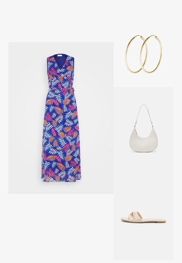 VILA VIURA WRAP DRESS - Maxikjoler - mazarine blue/multi; Beige slidesandaletter med åben tå, flad sål og dekorative metallkædeaccenter på stroppen. Glat materiale med minimal tekstur.; Cremefarvet læder skuldertaske med en halvmåneform, tynd rem og diskrete syninger. Minimalistisk design med hardware-accenter i guldton.; Guld hoops øreringe med et glat, rundt design og en blank finish. Letvægts konstruktion med en sikker låsemekanisme.