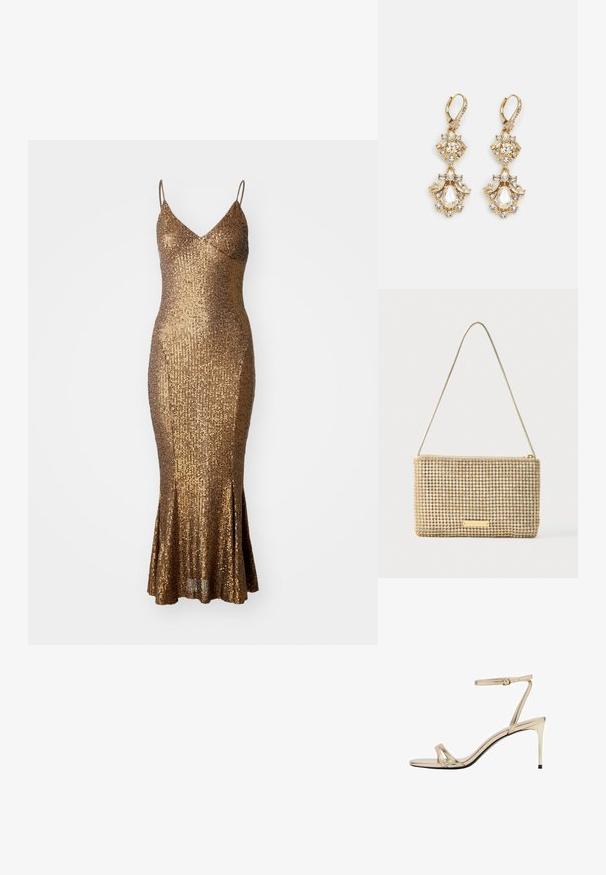 Robe en sequins dorés avec une silhouette ajustée, des bretelles spaghetti et un ourlet évasé. La surface texturée réfléchit la lumière, accentuant le scintillement.; Sandale à talon haut métallisée dorée avec une fine lanière autour de la cheville, ouverte à l'avant et avec des lanières croisées élancées. Fini brillant avec une semelle noire.; Pochette dorée de forme rectangulaire, recouverte de strass argentés brillants. Dotée d'une fine bandoulière métallique et d'une fermeture éclair.; Boucles d'oreilles pendantes dorées présentant un design en grappe avec des cristaux clairs ronds et en forme de goutte, mettant en valeur des détails élaborés.