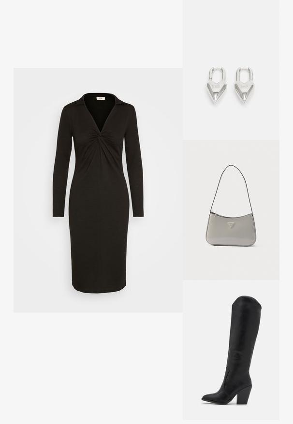 JDY JDYHANNA KNOT DRESS - Džersejové šaty - black; RAID LAKELYN - Topánky na vysokom opätku - black; Šedá kabelka cez rameno z lakovanej kože s oblým dizajnom, čiernym lemovaním a striebornou plakietou s logom na prednej strane. Nastaviteľný popruh pre univerzálne nosenie.; Strieborné zámky v tvare srdca so vygravírovanými nápismi "ÁNO" a "NIE", leštený povrch, symetrický dizajn a robustný kovový uzáver.