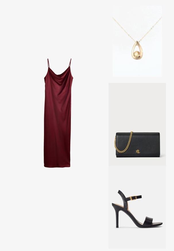Vestido de satén rojo oscuro sin mangas con tirantes finos y escote con drapeado.; Sandalias de tacón alto negras con parte superior de cuero suave, punta abierta y diseño de tira única con un detalle de hebilla dorada.; Cartera de cuero negro con una correa de cadena dorada, que presenta un logotipo dorado en el frente. Diseño minimalista con una textura suave y forma estilizada.; DIAMANT L'ÉTERNEL Collar - gold coloured