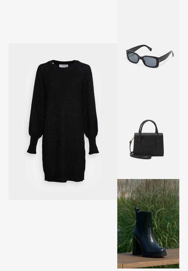 Selected SLFLULU DRESS O NECK - Strikkjoler - black; Sort, skinnende læder ankelstøvle med kraftig høj hæl og trækketap, præsenteret på en træoverflade med en baggrund af højt grønt græs.; Sorte rektangulære solbriller med mørkt tonede linser, tyk plastramme og brede stænger. Glat overflade og kantet design.; Sort struktureret håndtaske lavet af læder med et topgreb, aftagelig skulderrem og detalje med frontklap. Guldhardware accenter.