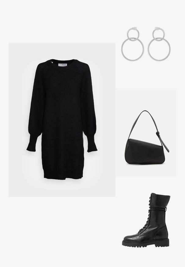 Selected SLFLULU DRESS O NECK - Strikkjoler - black; Sorte læder kampstøvler med en struktureret overflade, knæhøjt design, snørebånd foran og en kraftig gummisål med rillemønster.; Sort læderhåndtaske med en triangular form, skrå klap og et rundt håndtag. Har en glat overflade og minimalistiske design detaljer.; Sølv metal øreringe med to sammenflettede cirkler, en større og en mindre, med børstet finish og push-back låse.
