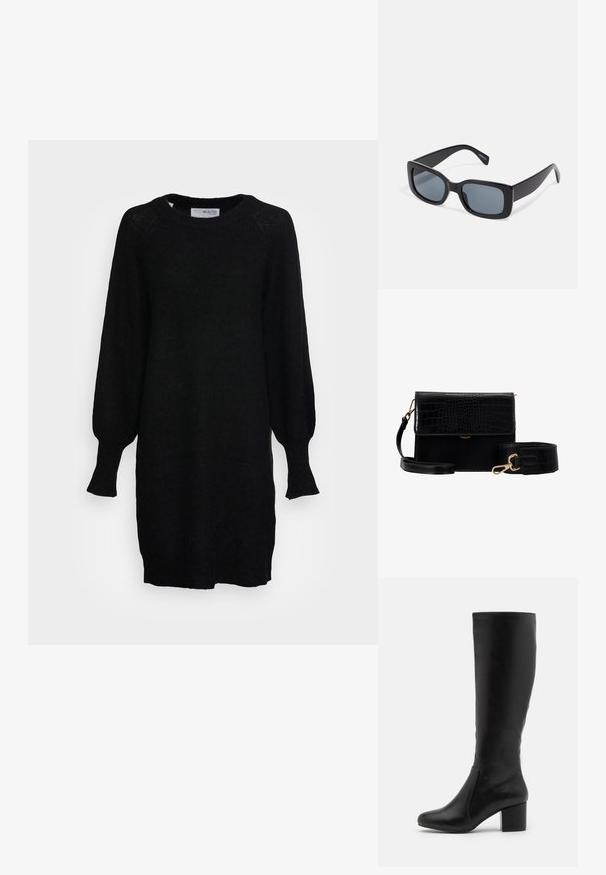 Selected SLFLULU DRESS O NECK - Robe pull - black; Bottes en cuir noir jusqu'aux genoux avec une texture lisse, un bout arrondi, un panneau latéral et un talon épais.; Lunettes de soleil rectangulaires noires avec des verres teintés foncés, monture en plastique épaisse et branches larges. Surface lisse et design angulaire.; Sac bandouillère en imitation cuir noir avec une texture crocodile, quincaillerie dorée et une sangle amovible. Il possède une fermeture à rabat et un compartiment intérieur.