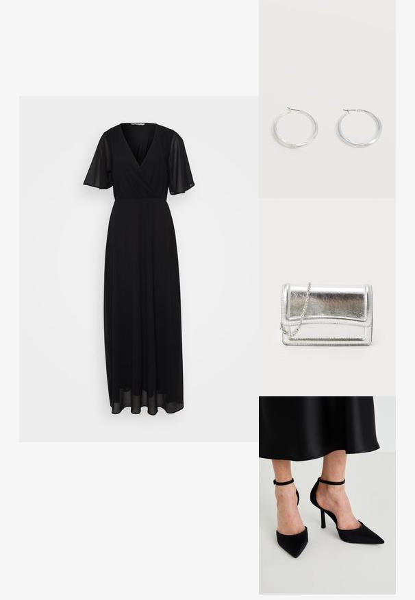Robe maxi noire avec de courtes manches volantées, décolleté en V et taille froncée. Le tissu est lisse avec une silhouette fluide.; Talons aiguilles noires à bout pointu en tissu lisse avec un talon aiguille et une fine sangle à la cheville, présentant un design à côté ouvert.; Pochette métallique argentée avec une texture lisse, fermeture rabat et une bandoulière en chaîne. Présente un design rectangulaire structuré et des accents cousus.; Boucles d’oreilles créoles en métal argenté avec une surface lisse légèrement incurvée et des fermoirs à clapet sur un fond blanc uni.