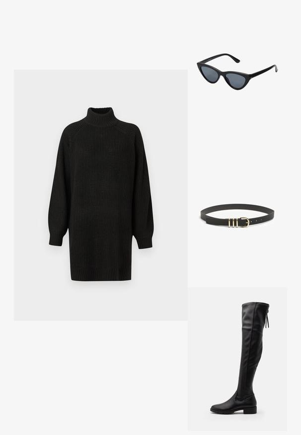 Pull noir en tricot avec col roulé et manches raglan, présentant une coupe décontractée et des poignets et un ourlet côtelés. Surface texturée avec un design uni.; Bottes noires en cuir montantes avec une texture lisse, bout arrondi et semelle en caoutchouc. Elles présentent un design ajusté et un détail de lien à l'arrière.; Lunettes de soleil noires en forme d'œil de chat avec des verres gris foncé, monture en plastique élégante, coins pointus et branches droites. Pas de métal visible ni d'accents.; Ceinture en cuir noir texturé avec une boucle en métal doré comportant trois barres horizontales et de nombreux trous d'ajustement.