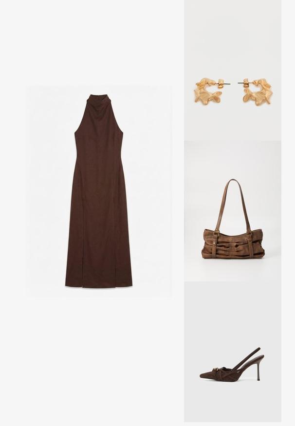 Robe maxi sans manches marron foncé avec col montant et taille cintrée, présentant des fentes latérales du genou à l'ourlet.; Chaussures à talons hauts en daim marron avec bride arrière, bout pointu, dotées de brides croisées et d'une boucle dorée en guise d'accent.; Even&Odd Sac à main - brown; Boucles d'oreilles dorées avec une forme abstraite et organique, présentant une surface texturée et une fermeture à poussette.
