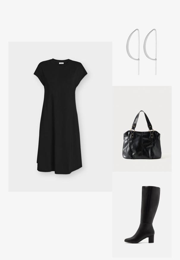Zwarte jurk tot kniehoogte met korte mouwen, een ronde hals en een licht uitstaande A-lijn silhouet op een neutrale achtergrond.; Anna Field by Zalando Laarzen - black; Zwarte leren schoudertas met dubbele bandjes bevestigd met gouden ringen en klinknagels, glad en licht glanzend oppervlak, eenvoudig ontwerp.; Zilveren metalen oorbellen met een minimalistisch gebogen ontwerp, met uitgerekte, open druppelvormen en een matte afwerking.