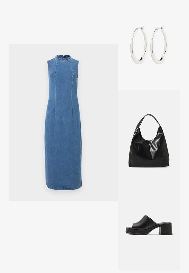 Jeans ärmelloses Kleid mit hohem Ausschnitt, körperbetontem Schnitt und knielanger Länge. Verfügt über einen verdeckten Reißverschluss im Rücken. Hellblaue Farbe.; Schwarze Leder Plattform-Mules mit abgerundeter offener Zehe, niedrigem Blockabsatz und glatter Textur. Minimalistisches Design mit eleganten Linien.; Schwarze Leder-Hobo-Tasche mit einer weichen, glänzenden Textur und einem runden, offenen Oberteil. Verfügt über einen breiten, gebogenen Tragegurt. Keine sichtbaren Beschläge.; Silberne Creolen mit einer glatten, glänzenden Oberfläche. Kreisform, ausgestattet mit einem sicheren Verschluss. Einfaches und elegantes Design.
